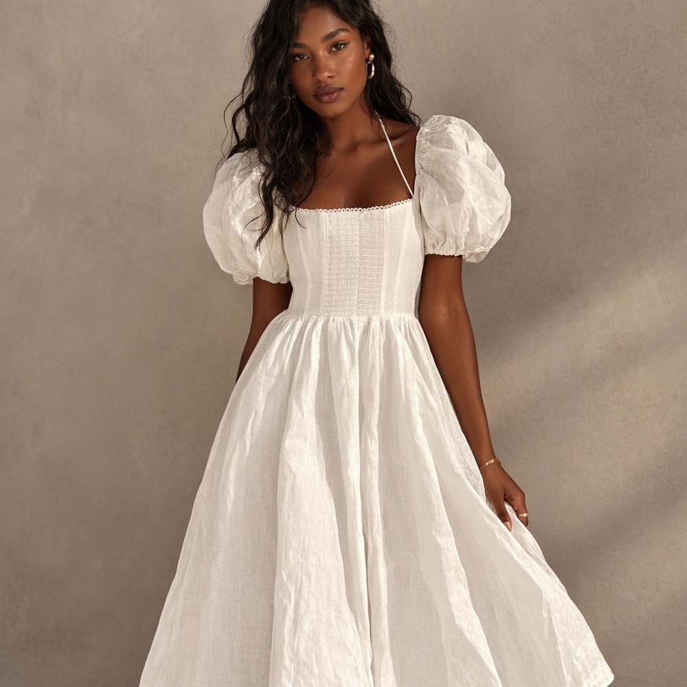 Reformation White Puff Sleeve Cottagecore Midi Dress Size S